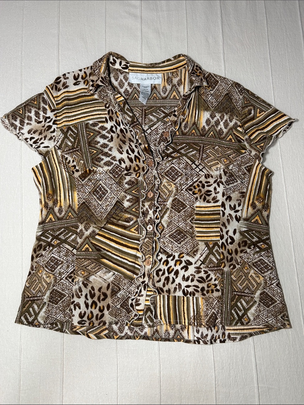 Vintage 90s Sag Harbor Patchwork Animal Print Blouse Top Size 16 Brown Rayon